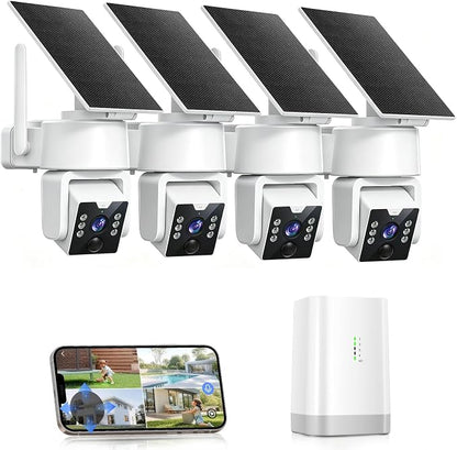 No Monthly Fee Solar Security Camera System with Home Hub, 4 Pack 4MP 360° PTZ Wireless Outdoor Cameras, Local Storage, Color Night Vision, 5GHz & 2.4GHz WiFi for Home Exterior, IP66