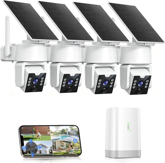 No Monthly Fee Solar Security Camera System with Home Hub, 4 Pack 4MP 360° PTZ Wireless Outdoor Cameras, Local Storage, Color Night Vision, 5GHz & 2.4GHz WiFi for Home Exterior, IP66