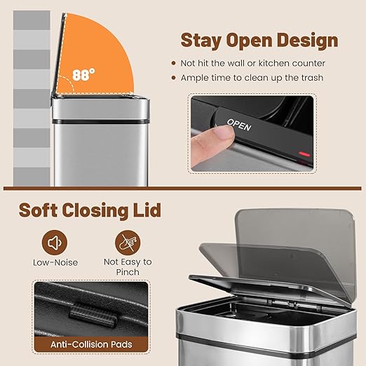 Goplus 19 Gal Motion Sensor Trash Can, 72 L Volume in 4 Containers, Touchless Trash Bin w/Kitchen Waste Bin & 2 Bottom Recycling Bins, Stainless Steel Garbage Can w/Soft Close Lid, Battery Operated
