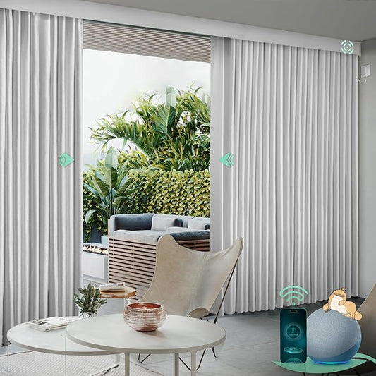 Yoolax Motorized Curtains with Remote, Blackout Curtains with Voice Control, Smart Shades for Living Room, Bedroom, Compatible with Alexa Google Home, APP Control, Custom Size, Light Grey