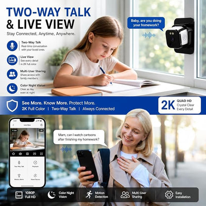 Window Camera 3MP 2K Indoor for Home Security, Color Night Vision - 2Pack | No Drilling See Outside from Inside Through Glass, 2.4GHz & 5GHz WiFi, AI Person Detection, Anti-Reflection Design