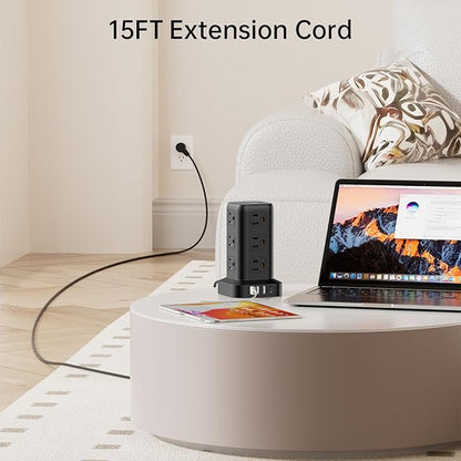 Extension Cord with Multiple Outlets, SMALLRT Surge Protector Power Strip Tower with USB Ports 12 AC Outlets, PD 20W USB C, 15FT Outlet Extender for Home Dorm, Office Supplies, Overload Protection