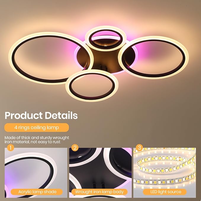 Modern LED Ceiling Light, 50W 4 Ring Flush Mount RGB Fixture | Black Ceiling Light Fixture with Remote, Dimmable 3000K-6000K, 10%-100% Brightness, RGB Backlight for Bedroom Living Room