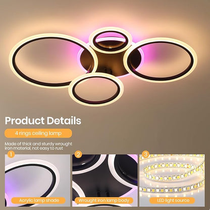 Modern LED Ceiling Light, 50W 4 Ring Flush Mount RGB Fixture | Black Ceiling Light Fixture with Remote, Dimmable 3000K-6000K, 10%-100% Brightness, RGB Backlight for Bedroom Living Room