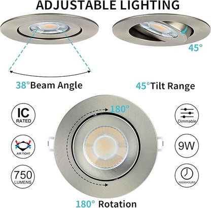 KnLnny Ware Brushed Nickel 4 Inch Gimbal Recessed Lights 6 Pack,Ajustable Recessed Lights,spot Lights Indoor with Junction Box,5CCT Selectable,9W 750LM,Dimmable