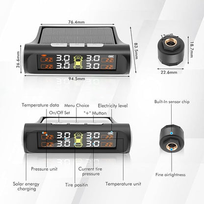 Tire Pressure Monitoring System with Solar Charge,TPMS Tire Pressure Monitor System with 4 External sensors & 5 Alarm Modes, Real Time Monitoring Pressure & Temperature,Suitable for 4 Wheeled Vehicles