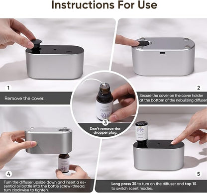 Lecdura Waterless Diffuser for Essential Oil, Battery Operated Scent Air Aromatherapy Diffuser, Mini Aroma Diffusers with 3 Intermittent Mist Modes, Cycle Start for Home Office Bedroom - Silver