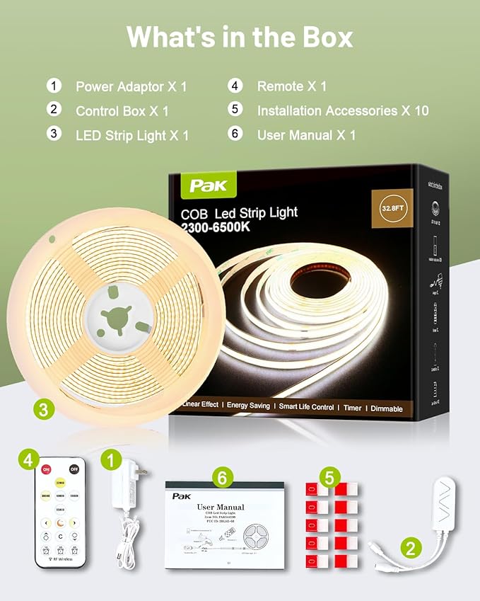 COB LED Strip Lights 16.4ft, Dimmable White CCT Tunable 2300K-6500K, DC 24V High Lumen Cuttable LED Tape Light, 3040 LED 36W CRI 90, APP Remote Control, Music Mode, For Home DIY, Living Room, Bedroom