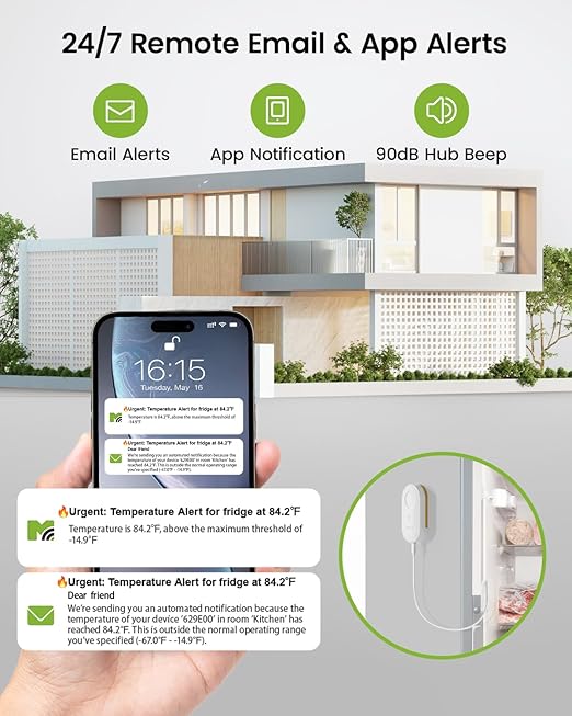 MOCREO WiFi Thermometer Freezer Alarm, Email Alert, App Notification, Data Record Export, No Subscription Fee, 2 Remote Wireless Temperature Sensors for Refrigerator, Freezer, Hot Tub