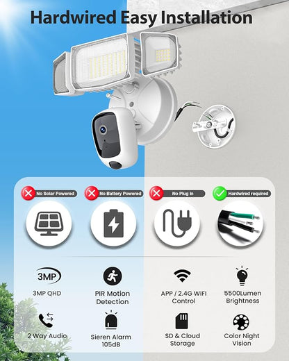 Olafus Floodlight Camera Outdoor – 2K QHD Security Cam with Motion-Activated Flood Lights, Custom Detection Zones, Color Night Vision, 2-Way Talk & 55W Dimmable Lighting White