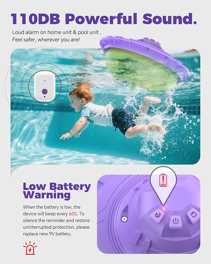 Pool Alarm with Indoor Receiver, 110dB Ultra Loud Floating Alarm for Inground & Above Ground Pools, Adjustable Sensitivity for Backyard Water Safety with Children & Pets, Violet-Mint