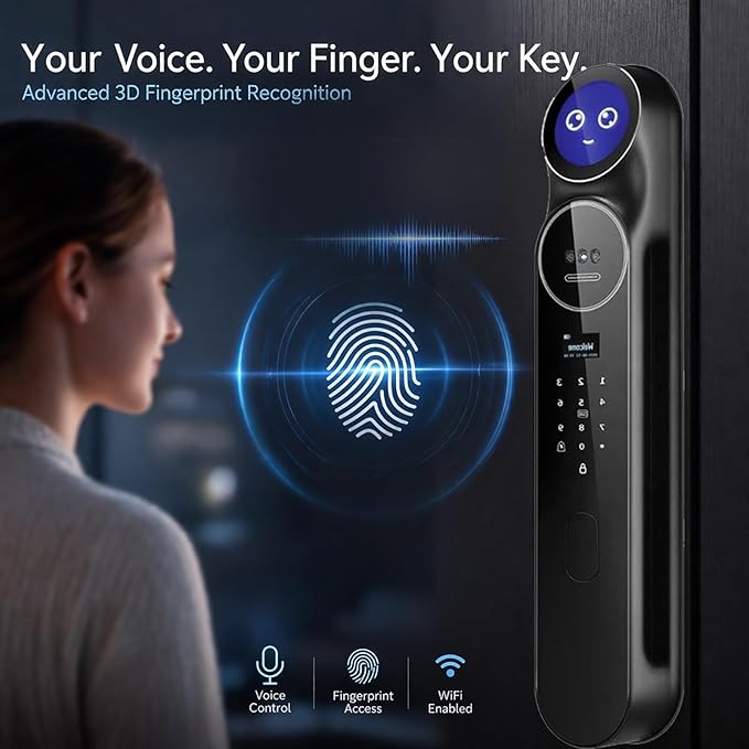 3D Face Recognition Smart Door Lock with Camera: AI Voice commandes, Video Intercom, Palm Vine, Tuya App Access, Biometric Fingerprint& Keyless Entry, Heavy Duty, Aluminum, for Home & Office
