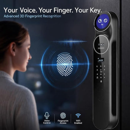 3D Face Recognition Smart Door Lock with Camera: AI Voice commandes, Video Intercom, Palm Vine, Tuya App Access, Biometric Fingerprint& Keyless Entry, Heavy Duty, Aluminum, for Home & Office