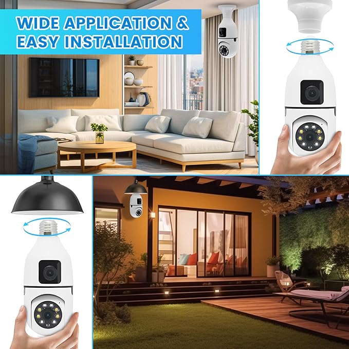 Light Bulb Security Camera, 2K/3MP Outdoor Wireless 2.4G Hz WiFi E27 Camera for Home Security, 24/7 Recording, Motion Detection and Alarm (Dual Lens) (1)