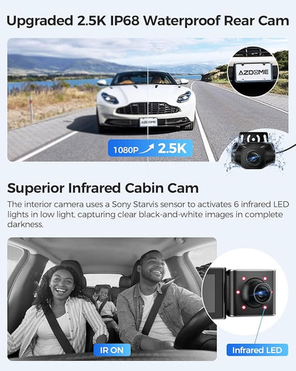 AZDOME M550 3CH Dash Cam 4K - 3.19" Screen IR Night Vision - 24H Parking Mode - 3-Channel Dash Cam - Interior IR Camera - Built-in GPS & WiFi - Three-Mode Parking Monitor
