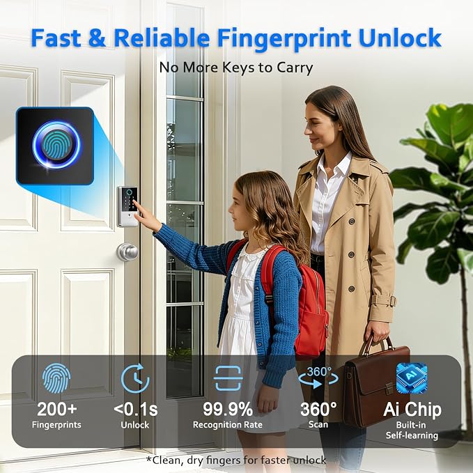 Smart Door Lock Deadbolt, Keyless Entry Door Lock with Fingerprint & Keypad,App Control,Auto Lock,Electronic Digital Lock for Front Door Home Apartment Rental,Easy Installation,Satin Nickel Silver