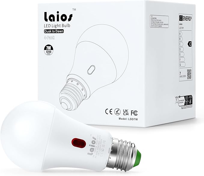 Laios Dusk to Dawn Sensor E26 Light Bulb, 7W LED Outdoor Photocell Lighting Bulb, 1200lm Equivalent 60W,Daylight(5000K), Auto ON/Off with Light Sensor, Pack of 4