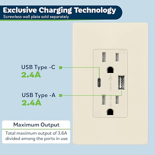 TOPGREENER 2-Port USB Outlet, 4.2A Type C USB Wall Outlet, Light Almond | USB Receptacle, 15 Amp TR Receptacle Plug, Charging Power Outlet with USB C&A Ports, Wall Plate Included,TU21536AC-LA,2 Pack