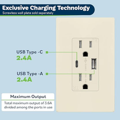 TOPGREENER 2-Port USB Outlet, 4.2A Type C USB Wall Outlet, Light Almond | USB Receptacle, 15 Amp TR Receptacle Plug, Charging Power Outlet with USB C&A Ports, Wall Plate Included,TU21536AC-LA,2 Pack