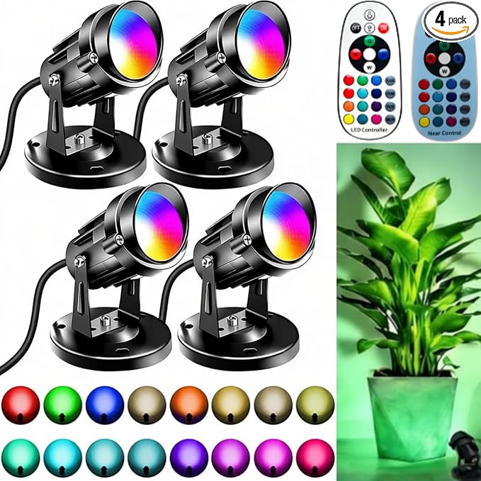RGBW Spot Lights Indoor with Remote, Color Changing LED Accent Lighting for Wall, Bedroom, Living Room, Party & Christmas Decoration, Plug-in Spotlight with Adjustable Base, 4 Pack