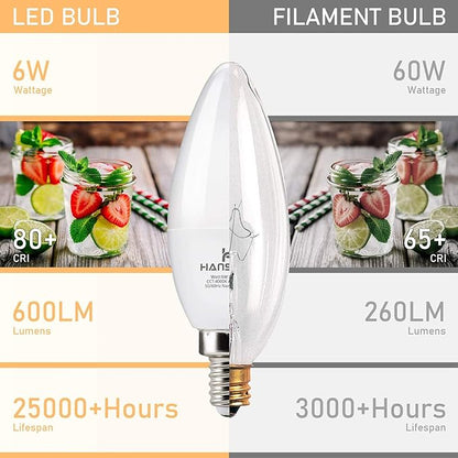 12 Pack E12 LED Candelabra Light Bulbs 60W Equivalent, 4000K Natural White, Chandelier Bulb Small Base, 600 Lumens CRI85+ 120V Type B Candle Light, 6W B11 for Ceiling Fan, Non-Dimmable