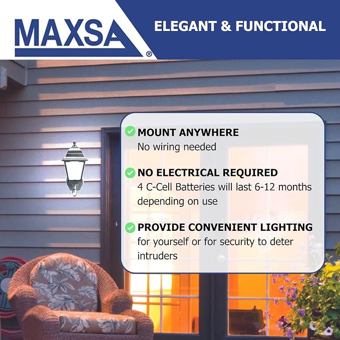 MAXSA 43319 Battery-Run Motion-Activated Outdoor Metal Wall Sconce Black