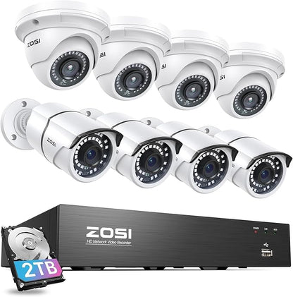ZOSI 4K PoE Home Security Camera System, 8pcs 5MP Wired Outdoor Indoor Surveillance IP Metal Cameras, Night Vision, Person Vehicle Detection, 8 Channel 8MP NVR with 2TB Hard Drive for 24/7 Recording