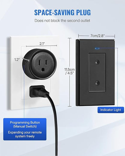 Black Remote Control Outlet Plug, WILAWELS Wireless Light Switch, On Off Remote Switch Outlet for Lights, Lamps, Home Appliance, 100ft RF Range, FCC Listed (2 Controllers + 1 Outlet) H05RC2106