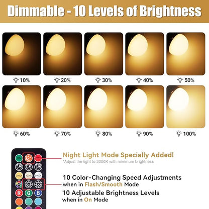 Yochoice 4-Pack Rechargeable Battery Powered Light Bulb, Dimmable A19 Light Bulb with 9 Colors Selectable & 3 Timer, Cordless Bulb for Lamps and Sconce with Remote Control