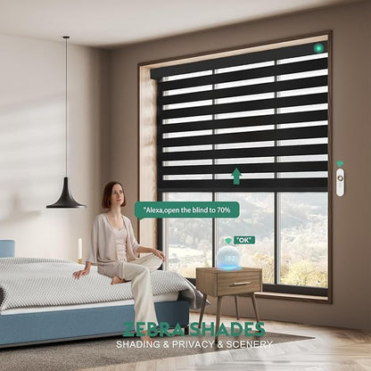 Motorized Zebra Blinds with Remote [Dual Layer + Light Filtering] 95% Blackout Smart Shades for Indoor Windows, Alexa Google and HomeKit Compatible, Customized Size, Equinox Midnight