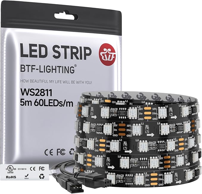 BTF-LIGHTING WS2811 Addressable RGB LED Strip 16.4FT 300LED DC12V IP30 | 100Pixels IC=RGB+IC UL Listed Black PCB Flexible Chasing Effect for Indoor Home Decor,3M Tape(No Adapter or Controller)