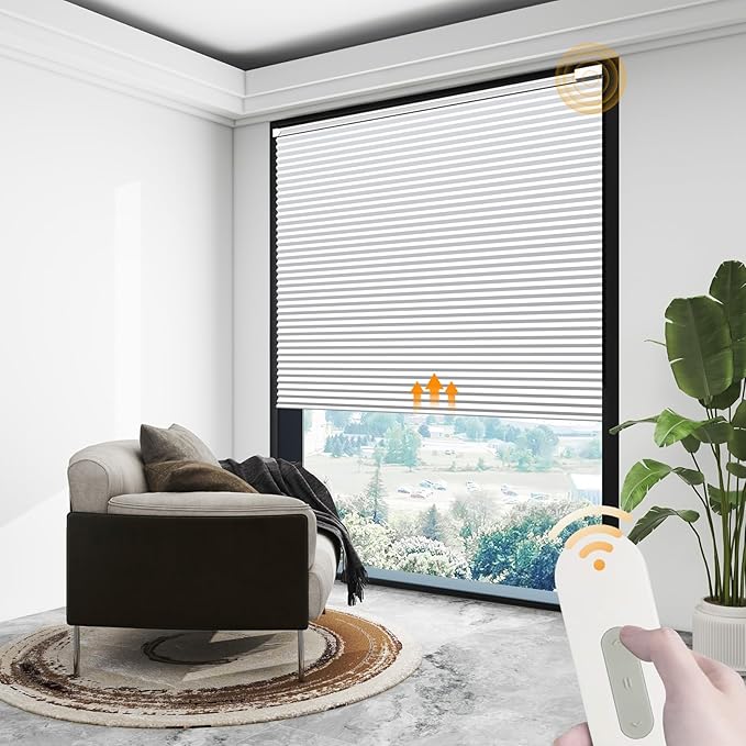 Motorized Cellular Shades Cordless Blackout Rechargeable Window Shades with Remote for Privacy Protection Smart Home Electric Curtains Automatic Honeycomb Blinds for Windows, 34" x 48", White