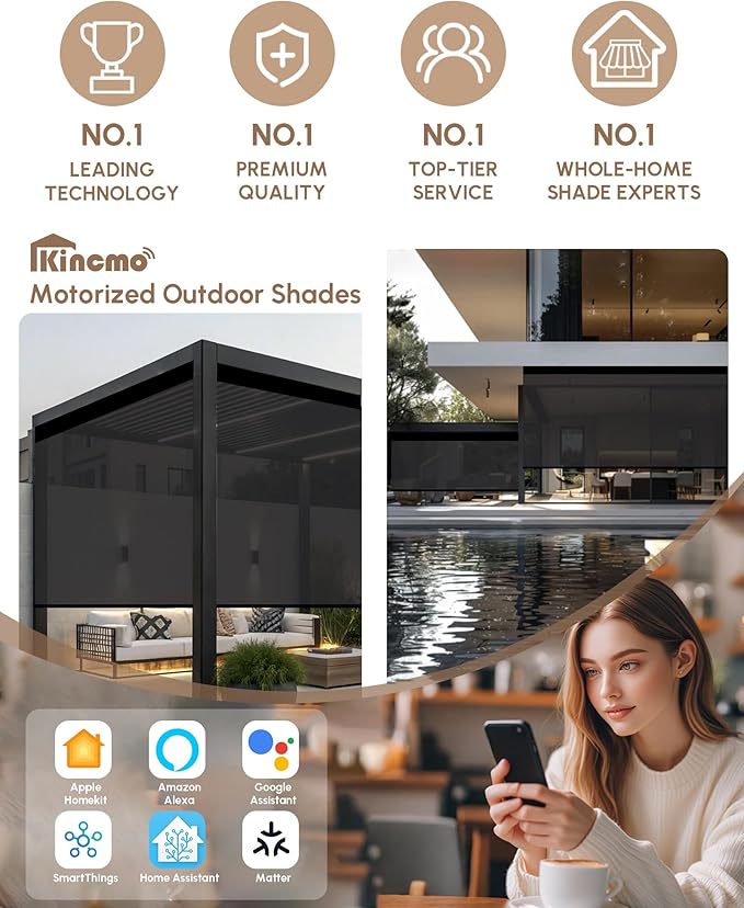 Kincmo Motorized Outdoor Shades for Patio Porch, Custom Outdoor Motorized Blinds with Remote, Waterproof & Windproof Patio Shades Work with Apple Homekit,Alexa,Google (3% Openness Black)