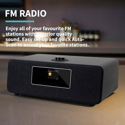 MS3 Stereo Smart Music System with Internet Radio, FM Digital Radio,Clock Radio,Spotify Connect,Bluetooth Speaker,WiFi Speaker,Headphone-Out,Alarms,Presets,Remote and App Control–Black Oak