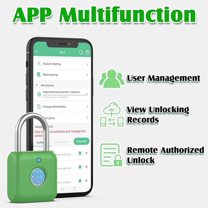 Pothunder Fingerprint Padlock, Smart Padlock, Locker Lock, Combination Lock, Fingerprint Lock with APP Unlock, USB Rechargeable, Suitable for Gym Locker, Locker(Avocado Green)