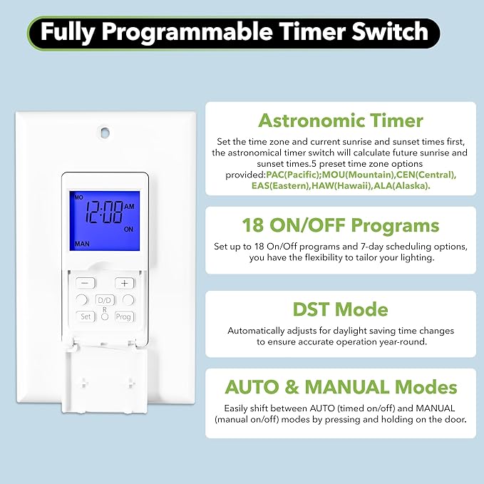 BN-LINK 7 Day Programmable Astronomical Timer Switch for Lights, Dusk to Dawn Light Switch Timer Indoor, Sunrise Sunset Wall Timer Switches, Neutral Wire Required, Single Pole Only, ETL Listed
