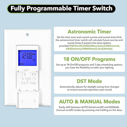 BN-LINK 7 Day Programmable Astronomical Timer Switch for Lights, Dusk to Dawn Light Switch Timer Indoor, Sunrise Sunset Wall Timer Switches, Neutral Wire Required, Single Pole Only, ETL Listed