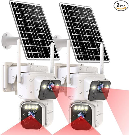 Luovisee Cameras for Home Security with Dual Lens,2.4G/5G WiFi Outdoor Camera Wireless Solar Powered,PIR Alarm,Color Night Vision,2-Way Audio,Cloud/SD Storage,No Month Fee(2 Pack)