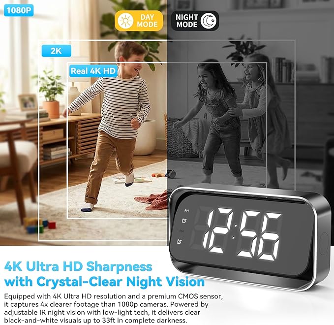 4K FHD Security Mini Camera Alarm Clock, 2.4G&5G WiFi Nanny Cam with Night Vision and Motion Detection Alert, Wide Angle Surveillance Camera for Pet Baby Monitoring, APP Remote Control by Mobile Phone