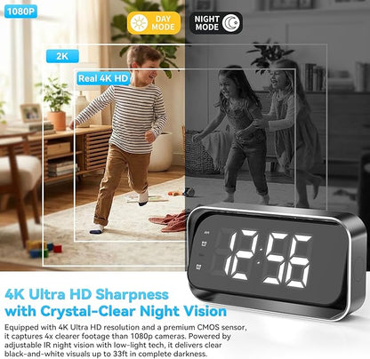4K FHD Security Mini Camera Alarm Clock, 2.4G&5G WiFi Nanny Cam with Night Vision and Motion Detection Alert, Wide Angle Surveillance Camera for Pet Baby Monitoring, APP Remote Control by Mobile Phone