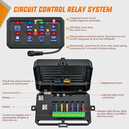 Nilight 8 Gang Switch Panel Red 12V 24V Circuit Control Relay System 4-Mode | Fuse Wiring Harness Automatic Dimmable LED Pod Toggle/Momentary/Strobe/Flash Modes for Car Pickup Truck Camper SUV