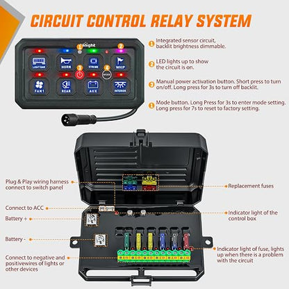 Nilight 8 Gang Switch Panel Blue 12V 24V Circuit Control System 4-Mode | Fuse Wiring Harness Automatic Dimmable LED Pod Toggle/Momentary/Strobe/Flash Modes for Car Pickup Truck Camper SUV