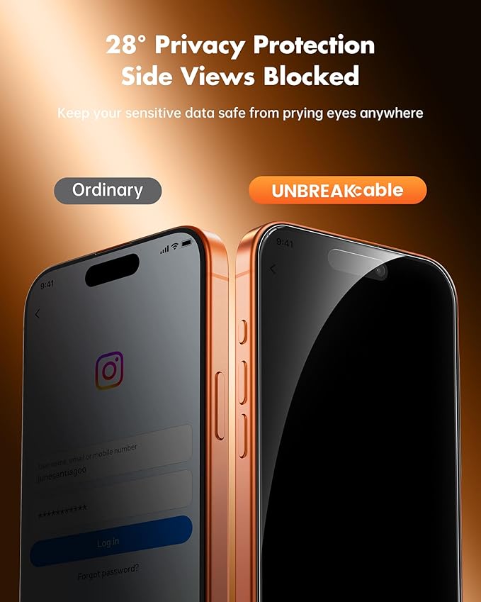 UNBREAKcable Privacy Screen Protector for iPhone 17 Pro Max, Shatterproof Tempered Glass [True 28°Anti Spy] [9H Hardness] [Easy Installation Frame] Private Protector for iPhone 6.9inch-2 Pack