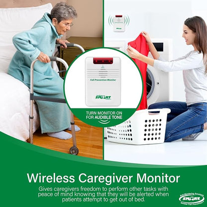 Smart Caregiver Wireless Bed Pad Alarm System with Weight Sensor Pad for Fall Prevention | 10" x 30" Alarm Pad for Bed Alerts Medical Caregiver | Cordless Bed Alarm with Up to 300' Range