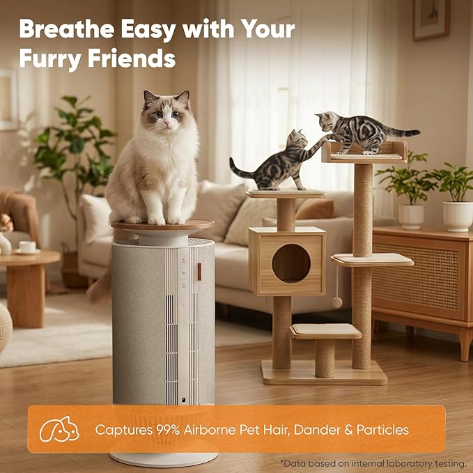 Petbobi Pet Air Purifier for Home Pets, Dual Filtration with H13 HEPA + H11, Large Room Air Purifier for Airborne Pet Hair, Dander and Odor, WiFi App, PM2.5 Monitor, 275 CFM CADR, Mother's Day