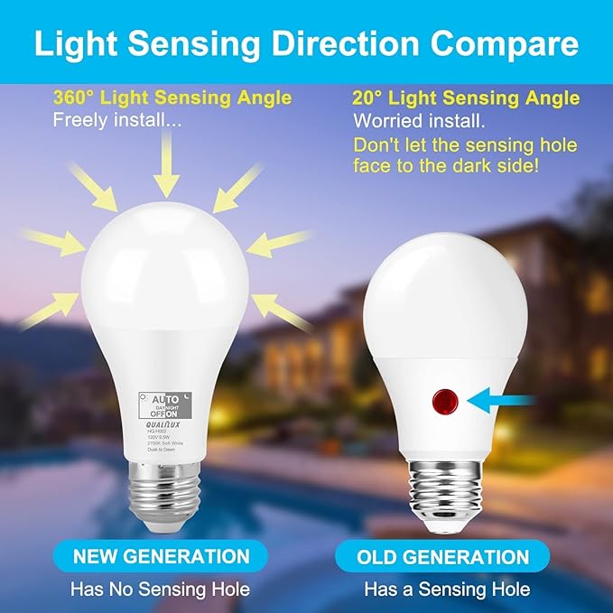 Qualilux Dusk to Dawn Light Bulbs 850LM, 60W Equivalent, Soft White, LED 9.5W, A19, E26 Base, 4-Pack, HQ-H016