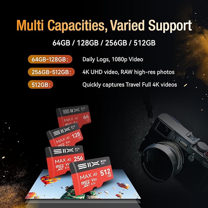 SIX M200 64GB Micro SD Card Read Up to 190MB/s for 4K UHD Continuous Recording - A2, U3, V30 microSDXC Memory Card 64GB with Adapter for Action Cameras, Drones, Gaming Consoles, Dash Cams, Phones