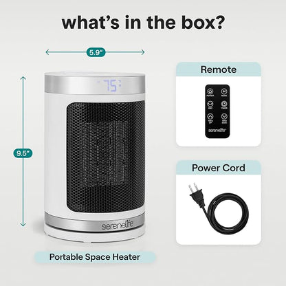 SereneLife Smart Space Heater – 1500W Indoor Electric Heater with Thermostat, Remote Control, 12-Hour Timer, Wi-Fi Enabled PTC Ceramic Heating for Home and Office, White (5.9" x 5.9" x 9.5")