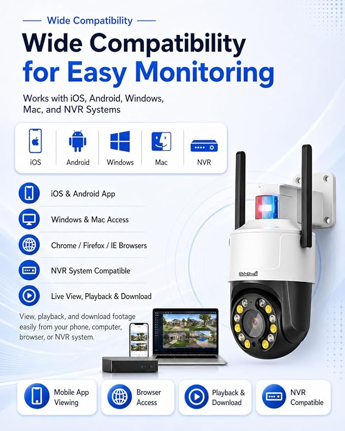 JideTech 5MP Outdoor PTZ WiFi Security Camera, 5X Optical Zoom, Dual Band 2.4G/5G Wireless, Auto Tracking, Human Detection, Color Night Vision, Red & Blue Warning Light, NVR Compatible