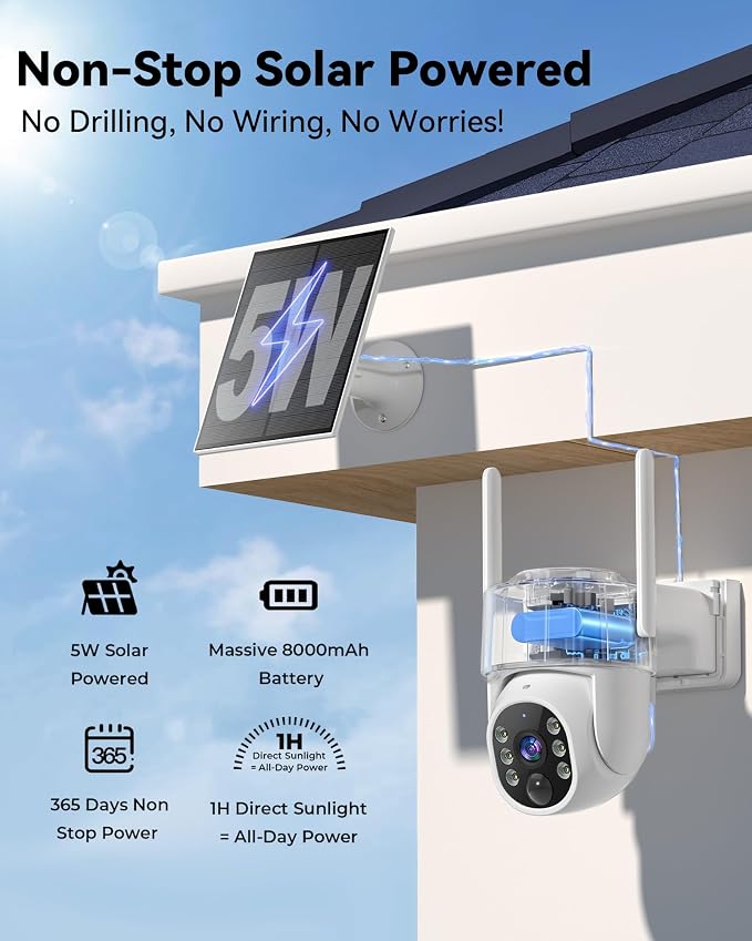 4MP Security Cameras Wireless Outdoor, No Subscription 128GB Local Storage, Solar Powered Cameras For Home Security, PTZ Auto Tracking, 4Cam-Kit, Color Night Vision Home Security Camera System,5G&2.4G